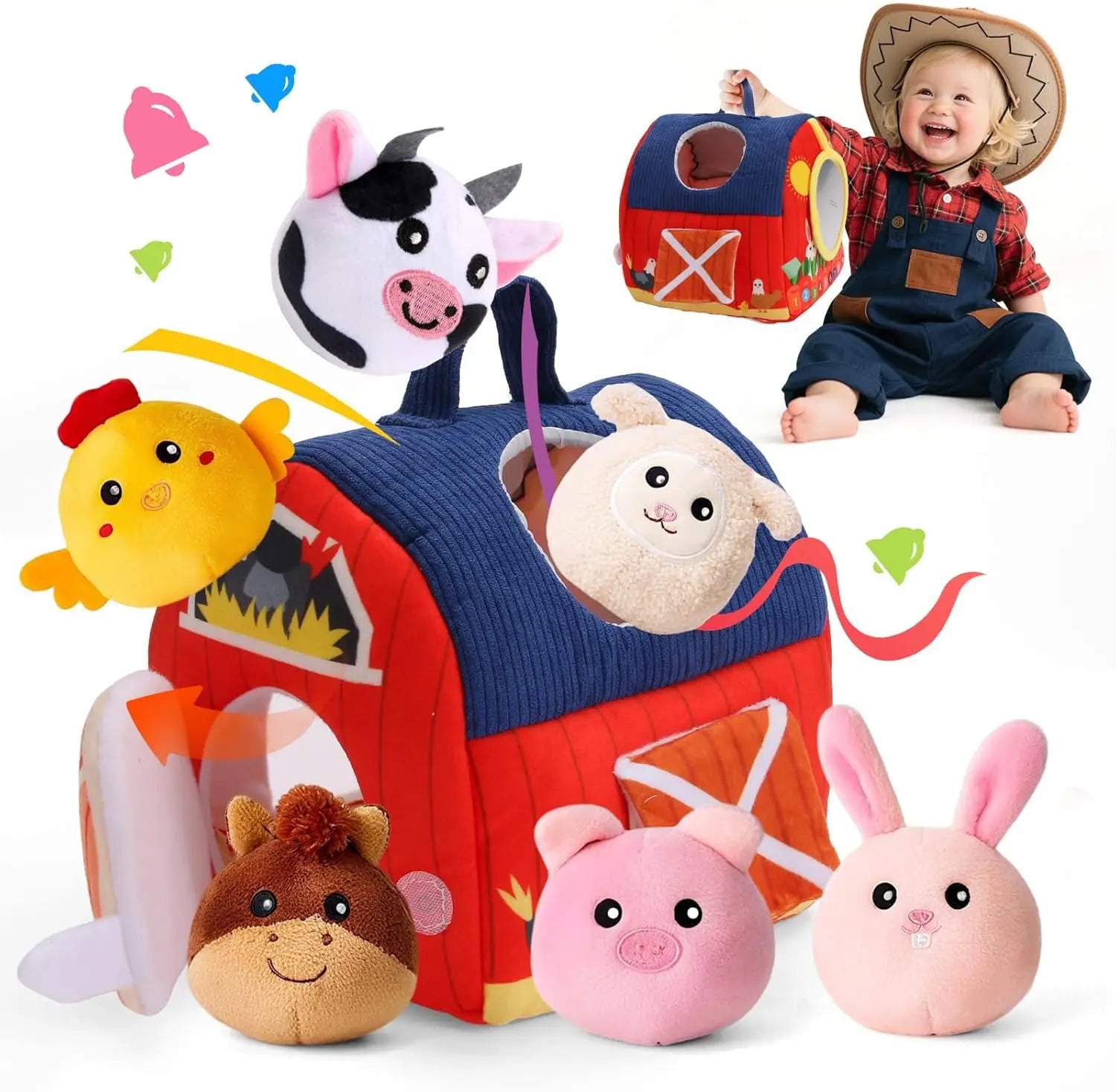 Baby Toys 6-12 Months Infant Barn Toy with Stuffed Farm Animals Rattle Crinkle Squeak Mirror Montessori Sensory Toys Gift