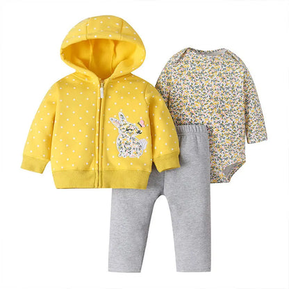 Newborn Infant Baby Girl Boy Clothes Sets Spring Autumn Cotton Long-Sleeve Hooded Coat+Romper+Trousers 3PCS Warm Kids Clothes