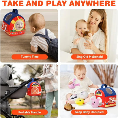 Baby Toys 6-12 Months Infant Barn Toy with Stuffed Farm Animals Rattle Crinkle Squeak Mirror Montessori Sensory Toys Gift
