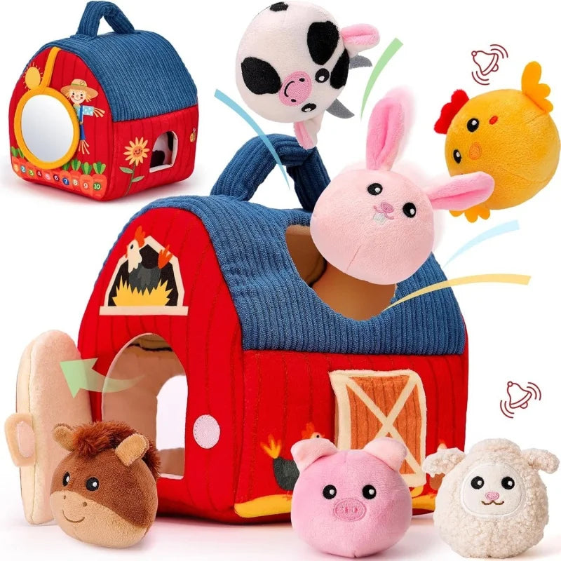 Baby Toys 6-12 Months Infant Barn Toy with Stuffed Farm Animals Rattle Crinkle Squeak Mirror Montessori Sensory Toys Gift