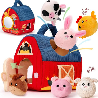 Baby Toys 6-12 Months Infant Barn Toy with Stuffed Farm Animals Rattle Crinkle Squeak Mirror Montessori Sensory Toys Gift