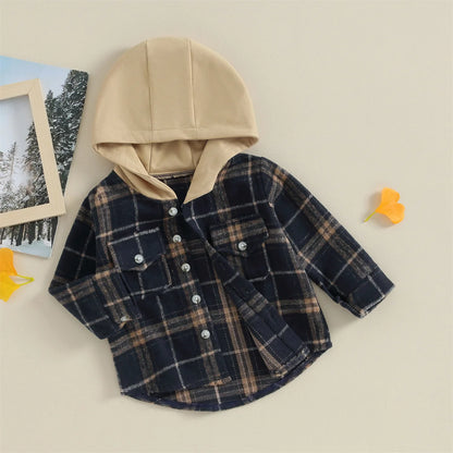 0-4Y Kids Boys Plaid Jacket Baby Autumn Clothing Long Sleeve Button Closure Hooded Plaid Outerwear Children Coats Streetwear
