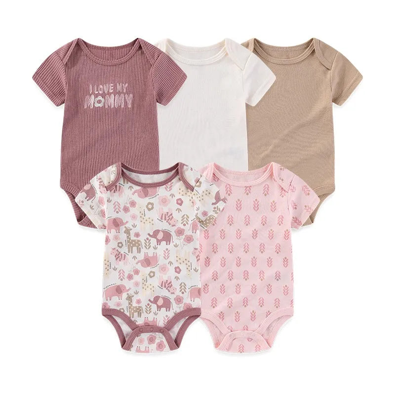 5-Piece Cartoon Cute Bbaby Boys Girl Bodysuits Soft Newborn Unisex Onesies Short Sleeve 0-12 Months Infant Clothes Summer Cloth