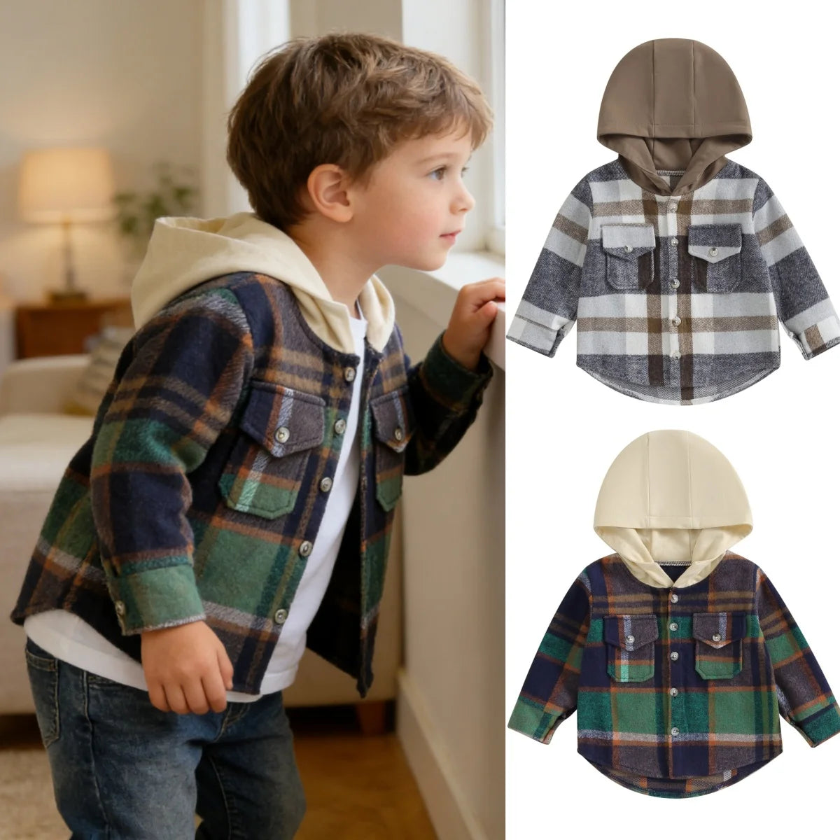 0-4Y Kids Boys Plaid Jacket Baby Autumn Clothing Long Sleeve Button Closure Hooded Plaid Outerwear Children Coats Streetwear
