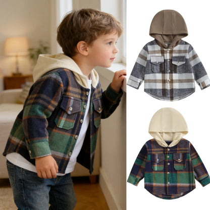 0-4Y Kids Boys Plaid Jacket Baby Autumn Clothing Long Sleeve Button Closure Hooded Plaid Outerwear Children Coats Streetwear