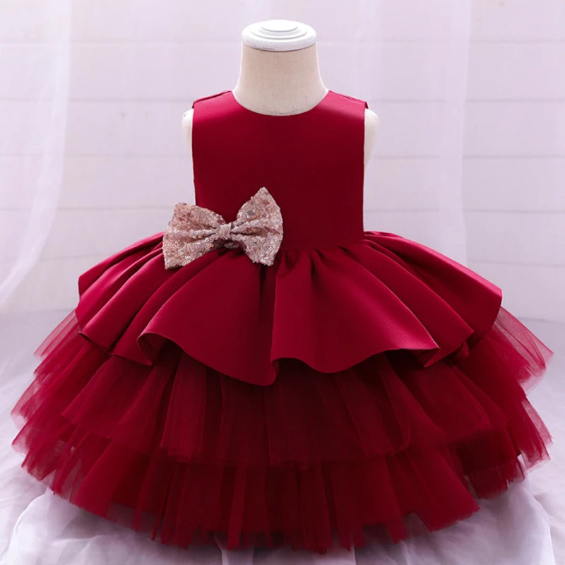 Summer Sequin Big Bow Baby Girl Dress Tulle 1st First Birthday Party Wedding Dress For Girl Princess Evening Dresses Kid Clothes