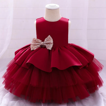 Summer Sequin Big Bow Baby Girl Dress Tulle 1st First Birthday Party Wedding Dress For Girl Princess Evening Dresses Kid Clothes