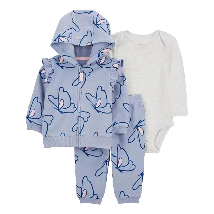 Newborn Infant Baby Girl Boy Clothes Sets Spring Autumn Cotton Long-Sleeve Hooded Coat+Romper+Trousers 3PCS Warm Kids Clothes