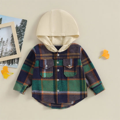0-4Y Kids Boys Plaid Jacket Baby Autumn Clothing Long Sleeve Button Closure Hooded Plaid Outerwear Children Coats Streetwear