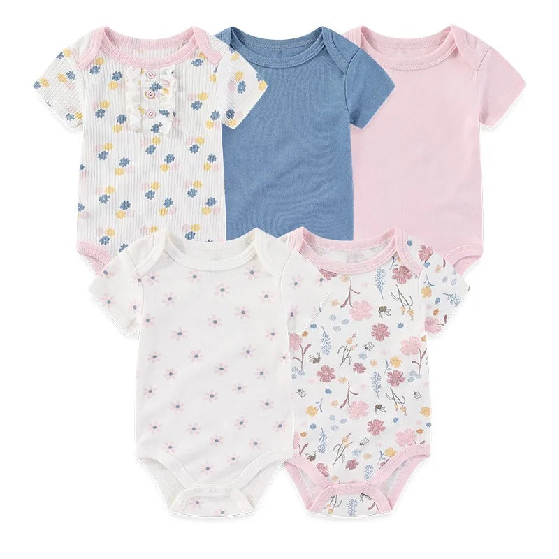 5-Piece Cartoon Cute Bbaby Boys Girl Bodysuits Soft Newborn Unisex Onesies Short Sleeve 0-12 Months Infant Clothes Summer Cloth