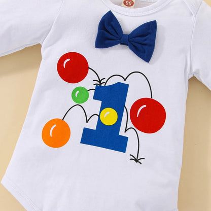 Baby Boys Birthday Outfits Sets Balloon Letter"1" Bodysuit and Y-back Suspender Shorts 1 Year Birthday Baby Cake Smash Clothes