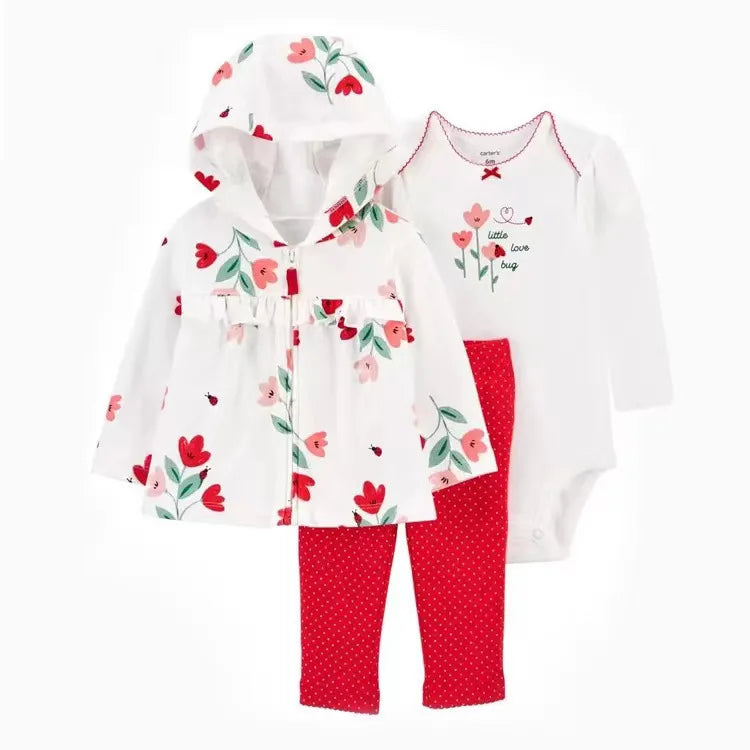 Newborn Infant Baby Girl Boy Clothes Sets Spring Autumn Cotton Long-Sleeve Hooded Coat+Romper+Trousers 3PCS Warm Kids Clothes