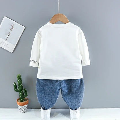 Baby boy clothes spring autumn fashion ripped denim suit letter denim jacket hooded vest + bottoming shirt + pants 3-piece set