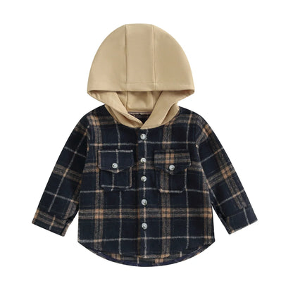 0-4Y Kids Boys Plaid Jacket Baby Autumn Clothing Long Sleeve Button Closure Hooded Plaid Outerwear Children Coats Streetwear