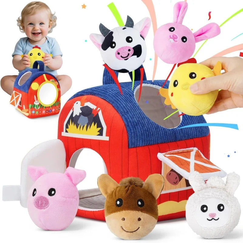 Baby Toys 6-12 Months Infant Barn Toy with Stuffed Farm Animals Rattle Crinkle Squeak Mirror Montessori Sensory Toys Gift