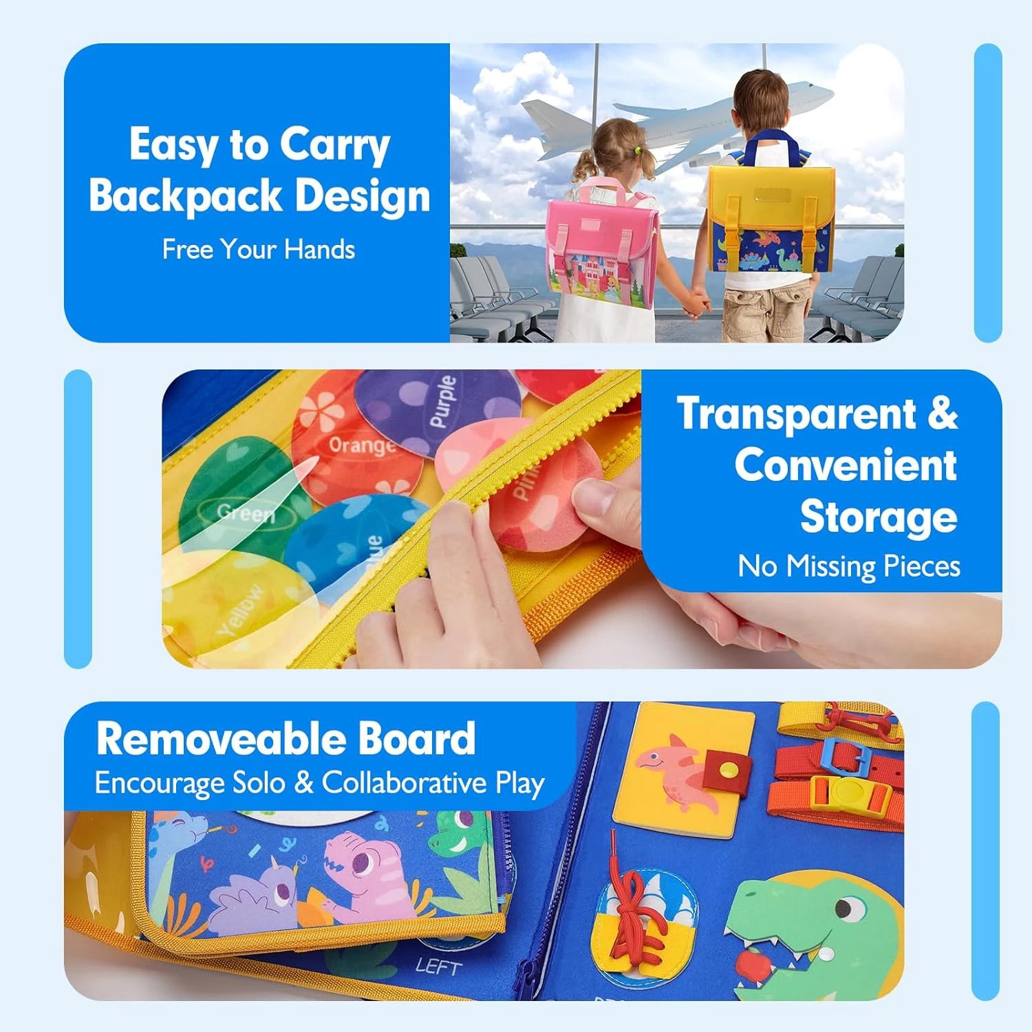 Toddler Busy Board Montessori Toys Learning Educational Activities Travel Toy Dinosaur Dress up  Sensory Life Skill Backpack