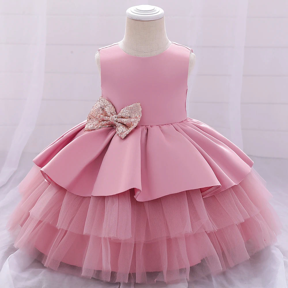 Summer Sequin Big Bow Baby Girl Dress Tulle 1st First Birthday Party Wedding Dress For Girl Princess Evening Dresses Kid Clothes