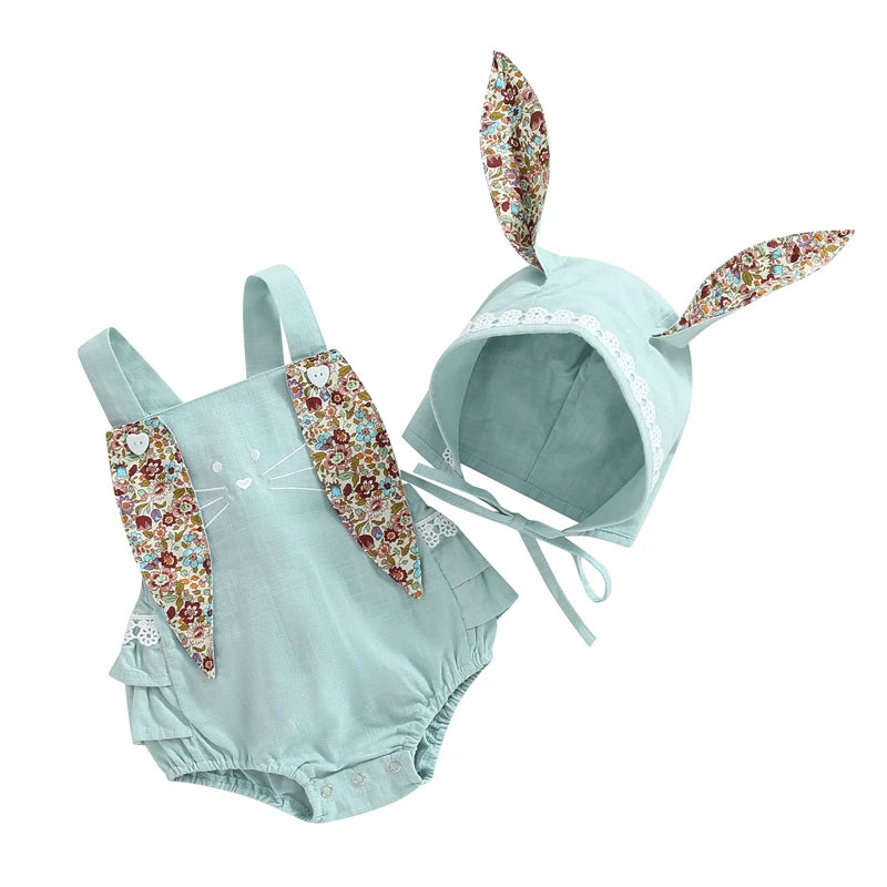 0-18M Newborn Baby Girl Easter Outfit Vintage Overalls and Bunny Ears/Toddler Dress Sister Mathing Clothes with Tail