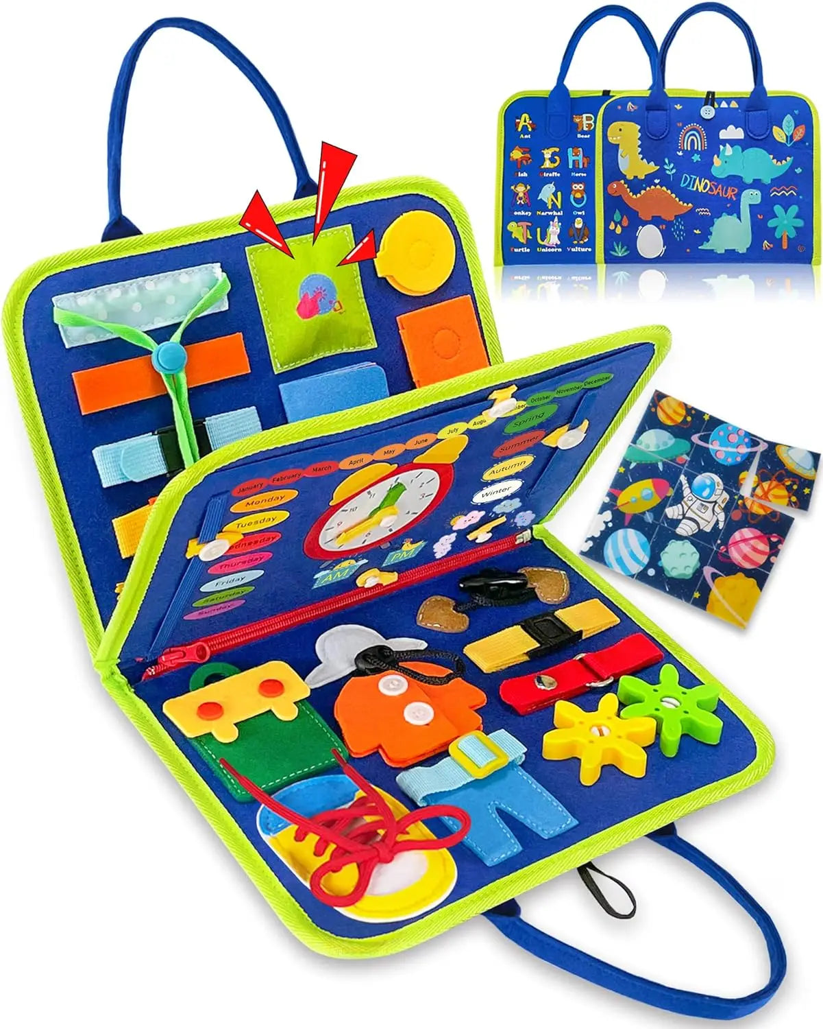 Toddler Busy Board Montessori Toys Learning Educational Activities Travel Toy Dinosaur Dress up  Sensory Life Skill Backpack