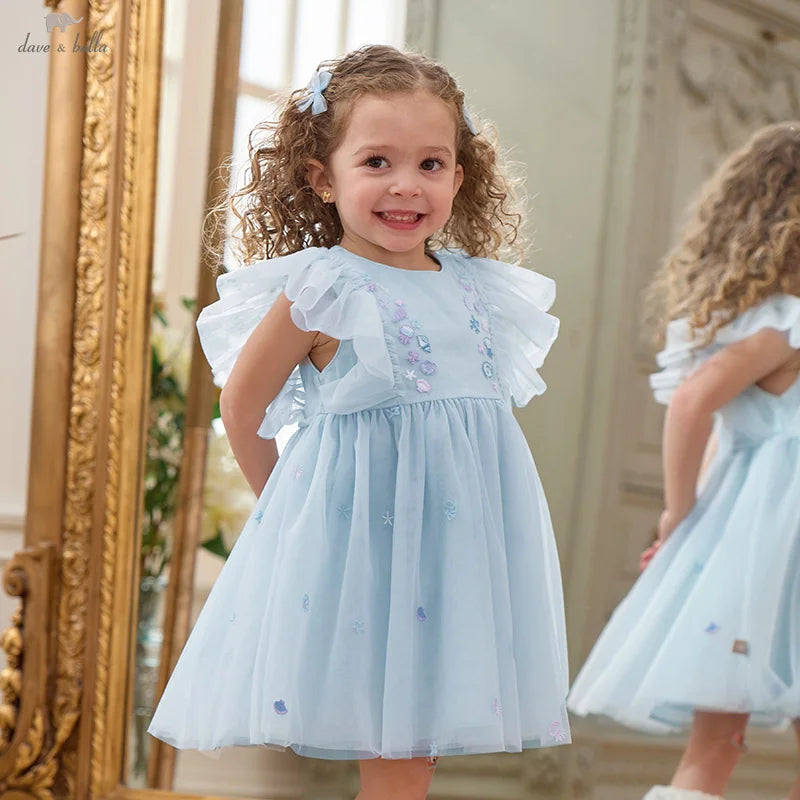 Dave Bella Girls Baby Princess Dress Summer Sweet Shell Embroidery Kids Mesh Elegant Dress Party Outdoor Seaside DB2251295