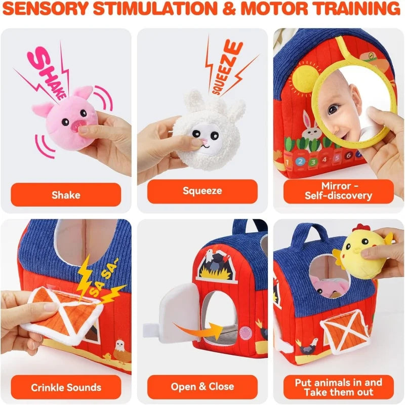 Baby Toys 6-12 Months Infant Barn Toy with Stuffed Farm Animals Rattle Crinkle Squeak Mirror Montessori Sensory Toys Gift