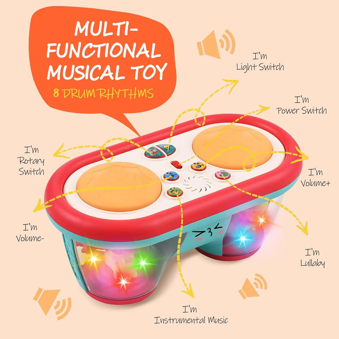 Baby Toys for 6 to 12 Months, Drum Musical Learning Infant Toys Rotating Light Up Toys for 12-18 Months, Tummy Time Toys for Bab