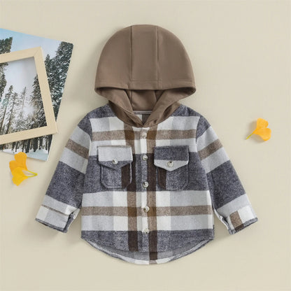 0-4Y Kids Boys Plaid Jacket Baby Autumn Clothing Long Sleeve Button Closure Hooded Plaid Outerwear Children Coats Streetwear