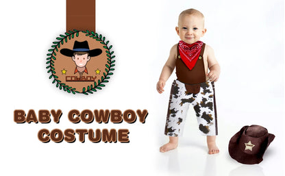 Baby Boys Western Cowboy Romper Sets with Scarf and Hat Toddler Carnival Fancy Dress Cosplay Party Costume Infant Outfit